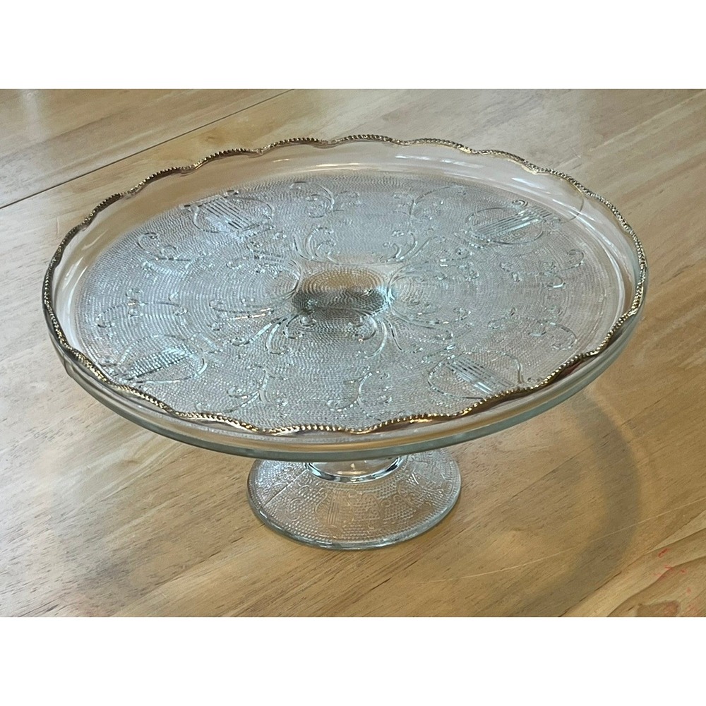 Vintage 1950s Jeannette Glass Harp Cake Stand Gilk Rim Pedestal Plate Clear